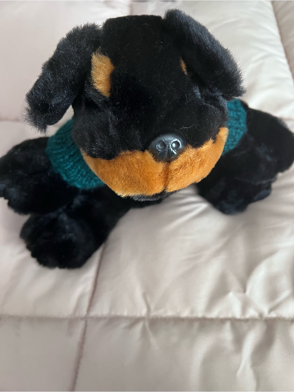 Plush Rottweiler Stuffed Animal with Green 'Frosty' Sweater - Picture 4 of 4